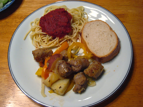 sausages, peppers, and potatoes
